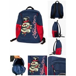 Ed Hardy Christian Audigier Skull Top Hat Backpack Navy Blue Red Y2K Tattoo Art